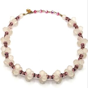 VTG Vendome Necklace: White Frosted Beads and Pink Rhinestones | SIGNED
